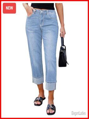 High Waisted Cropped Straight Leg Stretchy Boyfriend Jeans with Pockets